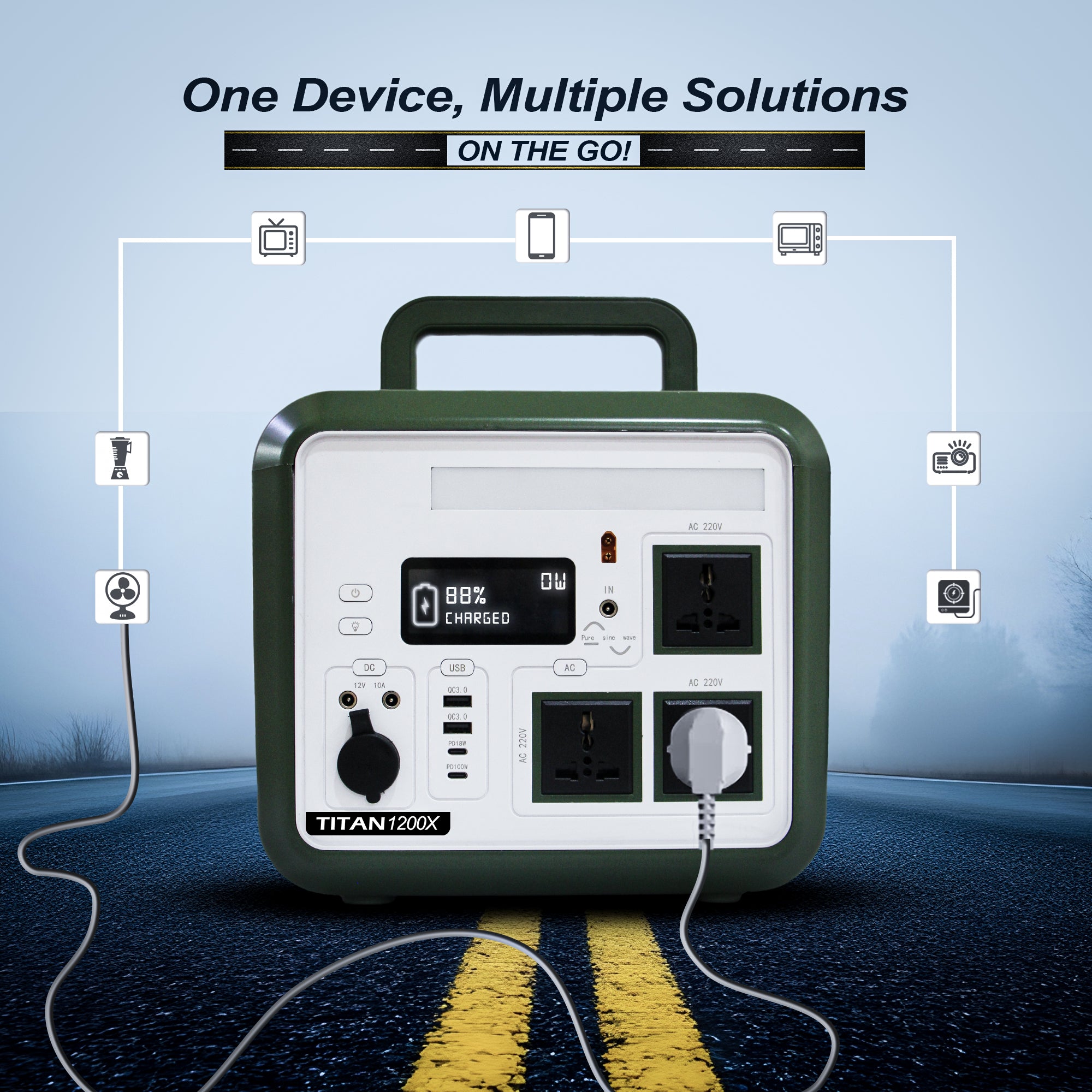 Titan 1200X Portable Power 360,000mAh Life PO₄ Inverter (Multi-Port Outputs, LED & Wireless Charging)