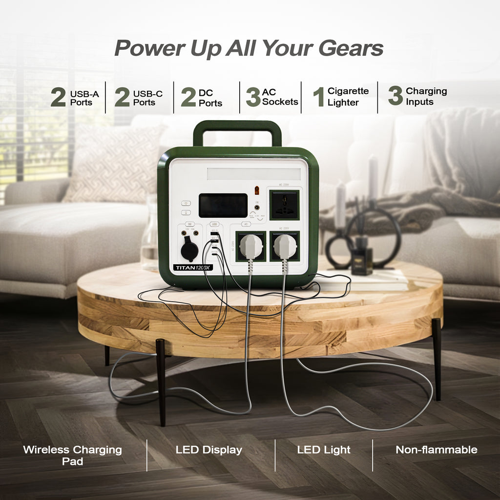 Titan 1200X Portable Power 360,000mAh Life PO₄ Inverter (Multi-Port Outputs, LED & Wireless Charging)