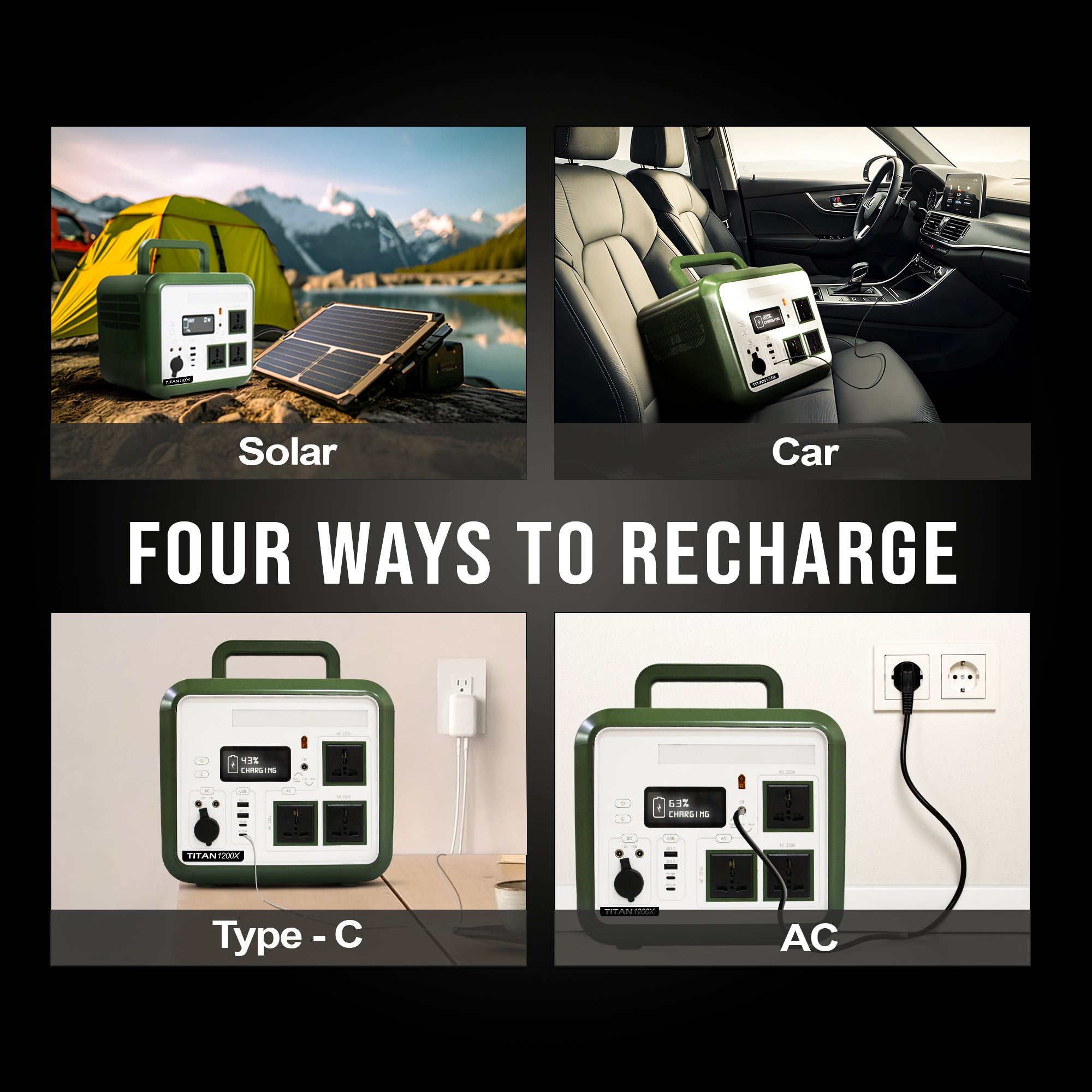 Titan 1200X Portable Power 360,000mAh Life PO₄ Inverter (Multi-Port Outputs, LED & Wireless Charging)